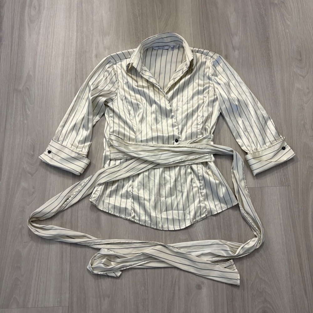 Zara Basic Womens Kimono Cream Pinstripe Satin Wrap Blouse Tie Waist Size M - Picture 2 of 13
